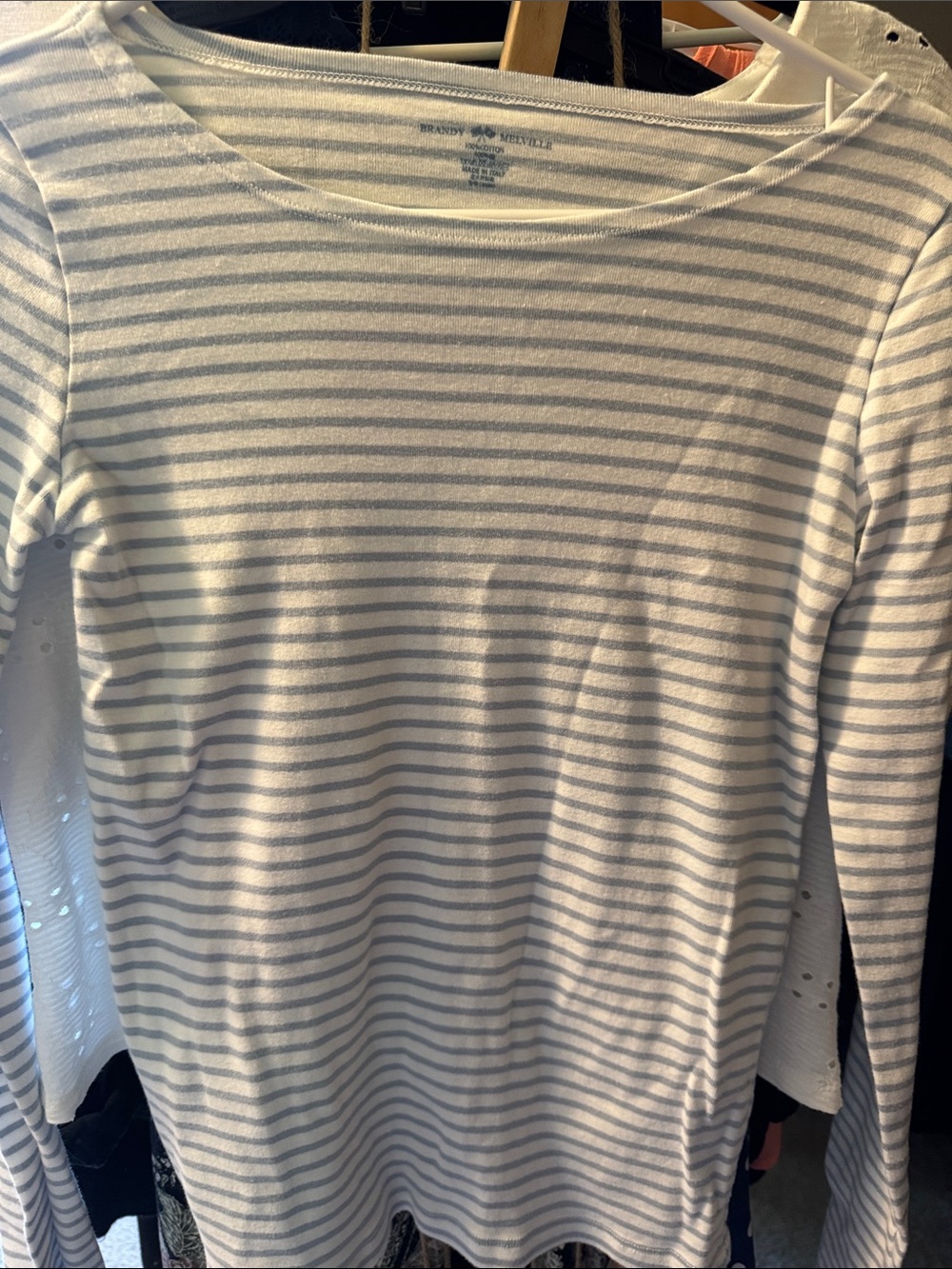 Brandy Melville White & Light Gray Striped Long Sleeve Top